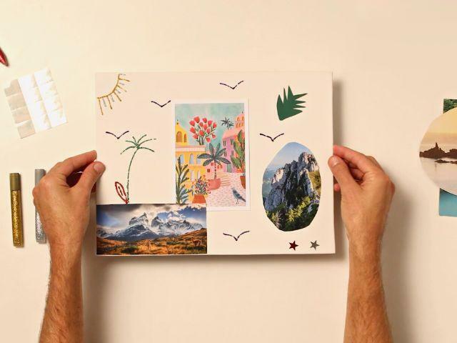 Hands presenting a colourful mood board with images and glitter glue decorations, made using Bostik products.