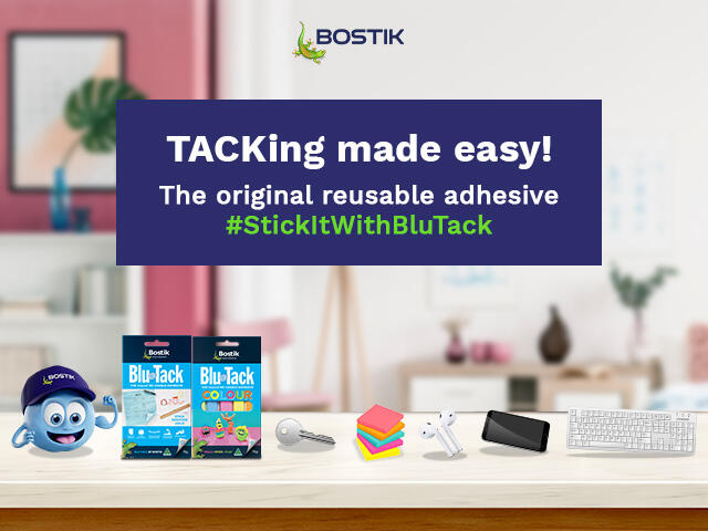 Cute blue and yellow clay fish with wide eyes swimming in an underwater craft scene with colourful plants, alongside the text “Discover the wonders of crafting with Bostik.”