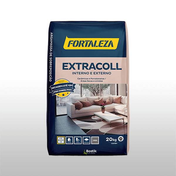 Saco de argamassa Extracoll Fortaleza para uso interno e externo, ideal para cerâmicas e porcelanatos, garantindo fixação segura em áreas secas e úmidas.