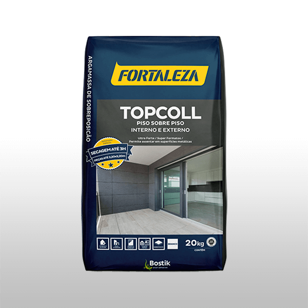 Argamassa Topcoll Fortaleza para piso sobre piso interno e externo, indicada para grandes formatos, com alta aderência e acabamento moderno.