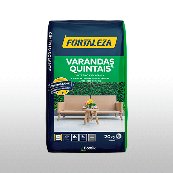 Argamassa Fortaleza Varandas e Quintais para áreas internas e externas, ideal para cerâmicas e pedras, garantindo aderência e durabilidade.