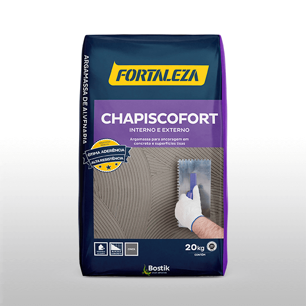 Saco de Chapiscofort Fortaleza para ancoragem em concreto, uso interno e externo, com aplicação manual que transmite aderência e segurança.