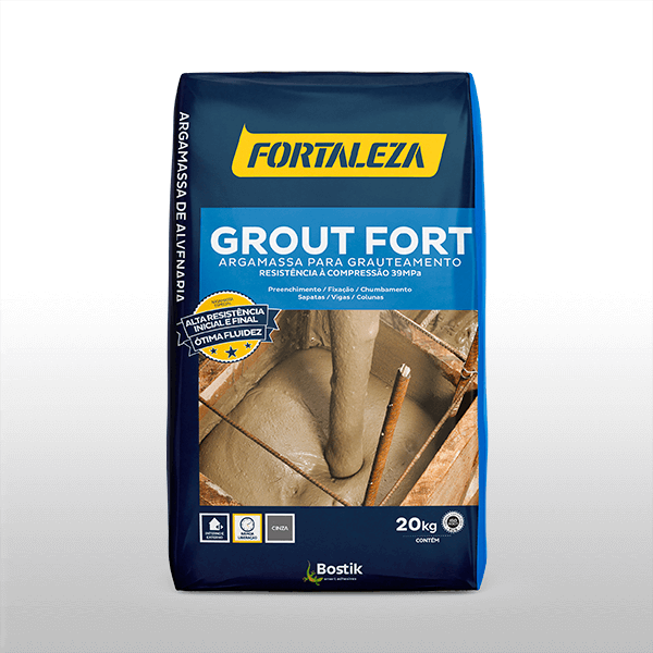 Saco de Grout Fort Fortaleza 39 MPa para grauteamento estrutural, exibindo aplicação em pilares com alta resistência e ótima fluidez.