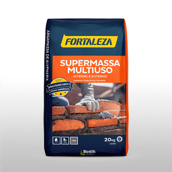 Argamassa Supermassa Multiuso Fortaleza para uso interno e externo, ideal para assentamento e regularização, garantindo aderência e praticidade.