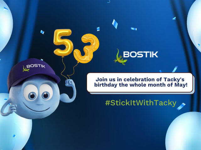 Bostik Blu Tack packs with colourful balloons and Tacky mascot celebrating Blu Tack’s 53rd birthday. 