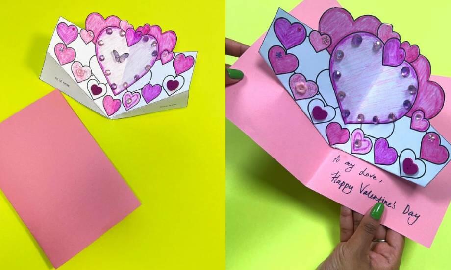 Side-by-side view of decorated heart cut-outs and completed Valentine’s pop-up card.