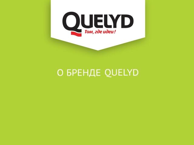 Зелёный экран с логотипом QUELYD и слоганом, представляющий бренд и линейку клеёв для обоев и решений для отделки и ремонта стен.