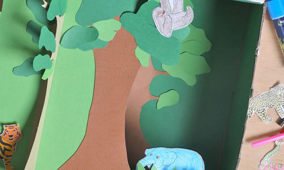 Tropical rainforest diorama finished craft – A colourful rainforest scene in a box, complete with paper trees, leaves, and hand-drawn animal cut-outs like a tiger, elephant, and leopard.