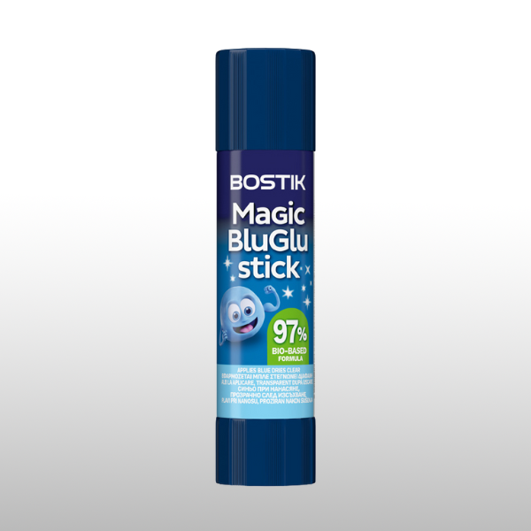 Bostik Magic BluGlustick лепило с 97% био-базирана формула, идеално за хартия и картон, осигурява чисто и лесно залепване за училище и офис.