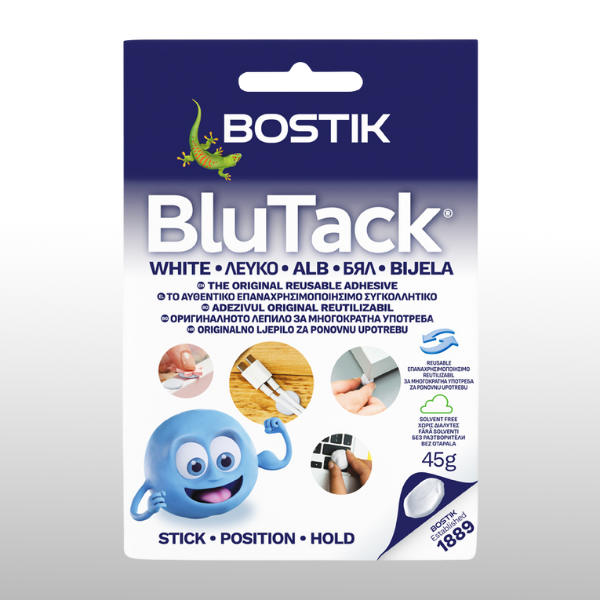 Bostik Blu Tack White оригинално многократно лепило за фиксиране и декорация, подходящо за дома, офиса и училище, 45 г.