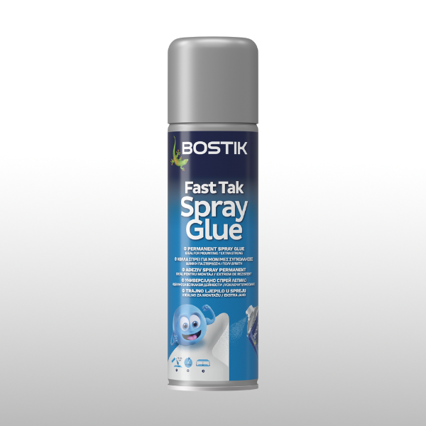 Bostik Fast Tak Spray Glue силно лепило в спрей форма за бързо и равномерно нанасяне, подходящо за текстил, хартия и декорации.