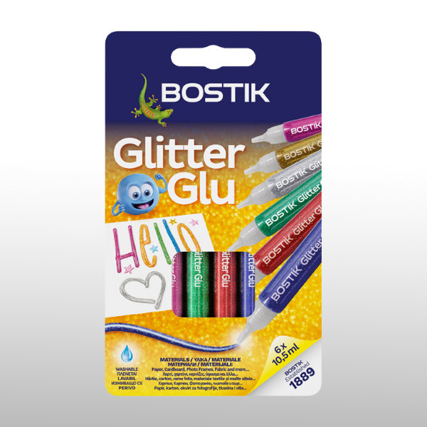 Bostik Glitter Glu комплект от 6 цветни тубички лепило с брокат, идеално за декорации, творчески проекти и училищни занимания.