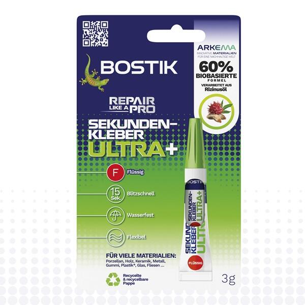Verpackung des Bostik Sekundenkleber ULTRA+ mit Hinweis auf 60 % biobasierte Formel, flüssige Konsistenz und vielseitige Anwendung auf vielen Materialien.