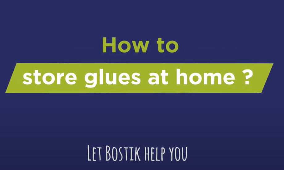 深藍色背景中央以亮綠字體呈現“How to store glues at home?”字樣，下方附有「Let Bostik help you」標語，設計簡潔醒目，用於引導讀者瞭解家中膠黏劑安全存放與分類的教學內容。