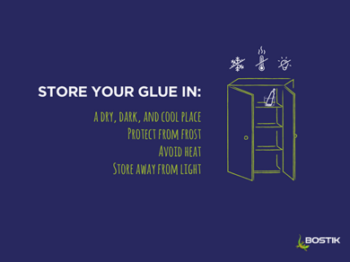 Illustration of a cupboard with tips to store glue in a dry, cool, and dark place — away from heat, frost, and light."