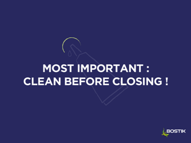 Instruction graphic with a glue tube outline and text: 'Most important: clean before closing!'."