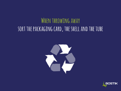 Recycling symbol with the instruction: 'When throwing away, sort the packaging card, the shell and the tube'."
