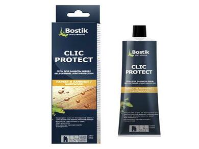 Упаковка и тюбик Bostik Clic Protect демонстрируют средство, создающее влагостойкий барьер для швов ламината и продлевающее срок службы пола.