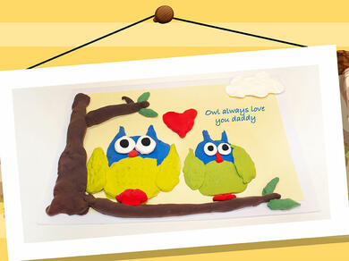Handmade Father’s Day card made from Bostik Crazy Clay, featuring two colourful owls on a branch with a red heart and the message “Owl always love you daddy”.