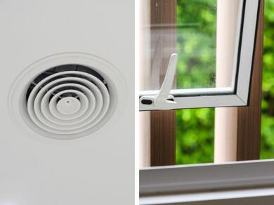 A ceiling air vent and an open window for better home ventilation.
