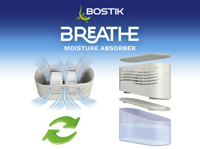 Four-step visual of the Bostik Breathe moisture absorber showing how to open, empty, and clean the unit easily.