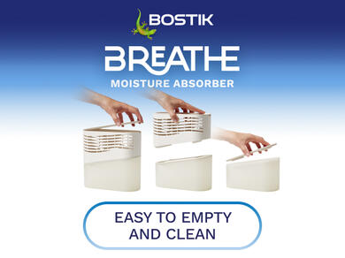 Illustration of the airflow and component breakdown of the Bostik Breathe moisture absorber, highlighting the reusable design.