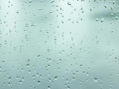 Raindrops on a glass window on a humid rainy day.