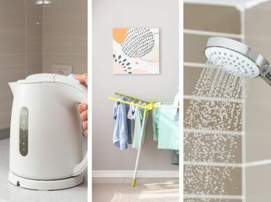 Kettle, drying rack and shower — all common sources of indoor humidity.