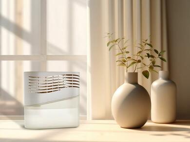 Dehumidifier placed on a sunlit windowsill beside two vases.