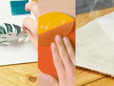 Three applications of Bostik spray glue: making a collage, bonding a rubber surface, and attaching a rug.