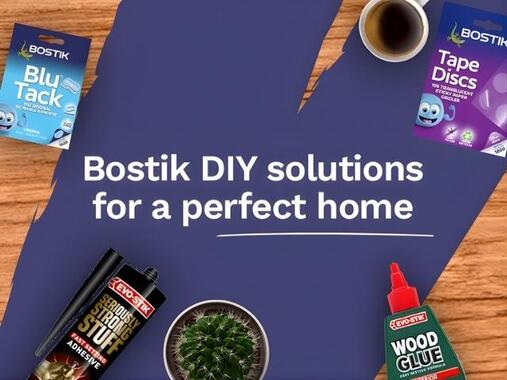 Bostik DIY products banner with Blu Tack, Tape Discs, Evo-Stik, and Wood Glue for a perfect home.