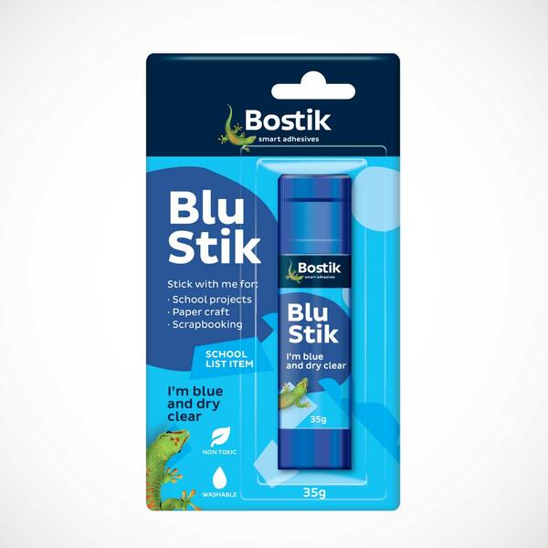 Front view of Bostik Blu Stik pack  in 35g  labelled “I’m blue and dry clear.”
