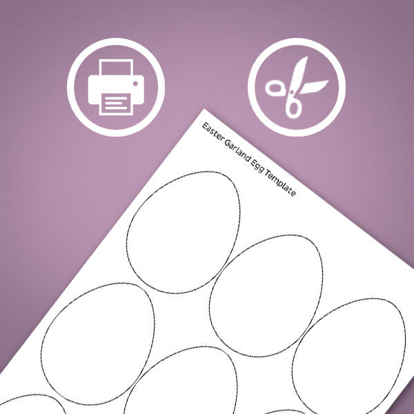 Printed Easter egg templates with cut lines are shown, ready to be trimmed and transformed into a vibrant garland.