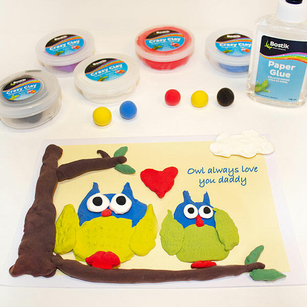 The completed card features two owls sitting on a branch with a red heart and fluffy white cloud, plus the sweet message “Owl always love you daddy”.