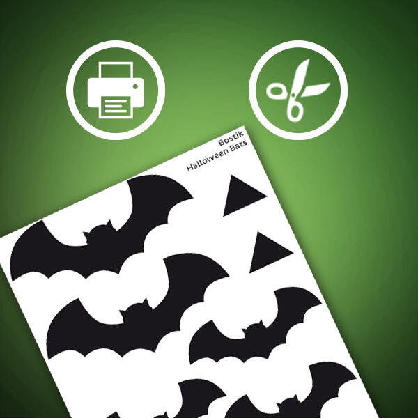 A white printable template featuring various bat and triangle shapes ready to cut out, with icons for printing and scissors above.