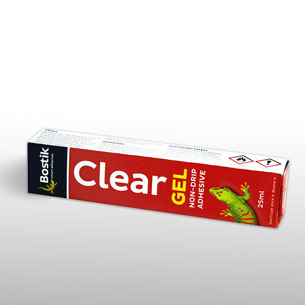 Box packaging of Bostik Clear Gel all‑purpose adhesive 25 ml — transparent gel glue for strong, quick‑drying bonds