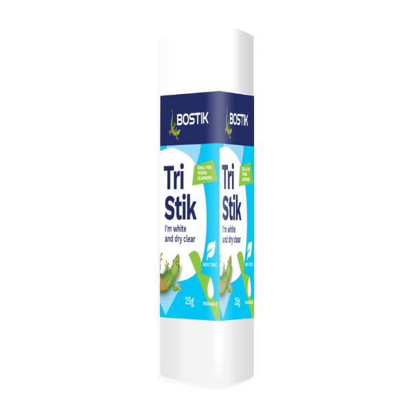 Bostik Tri Stik glue stick, 25g, with a white adhesive and triangular design for easy grip.