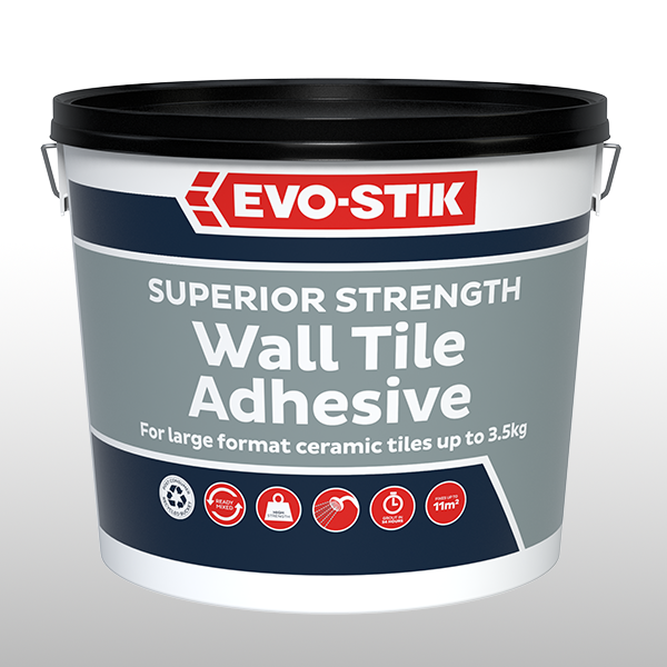 EVO-STIK Superior Strength Wall Tile Adhesive in a grey tub, suitable for large format ceramic tiles up to 3.5kg.