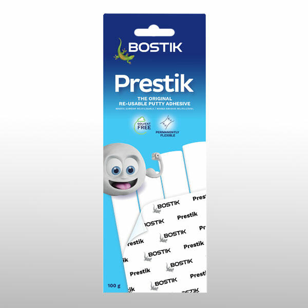 Packaging of 50 gram Bostik Prestik, the original re-usable putty adhesive, solvent-free and permanently flexible