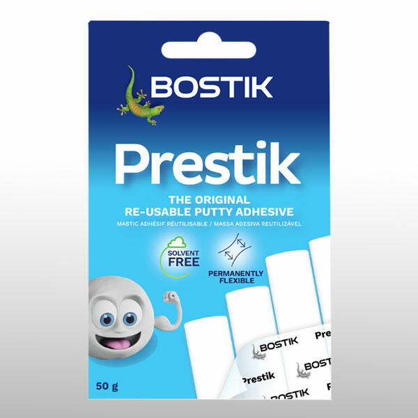 Packaging of 100 gram Bostik Prestik, the original re-usable putty adhesive, solvent-free and permanently flexible