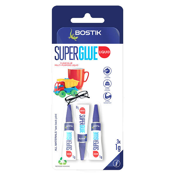 Bostik Super Glue Liquid 3x1g pack for quick and precise multi-surface repairs.