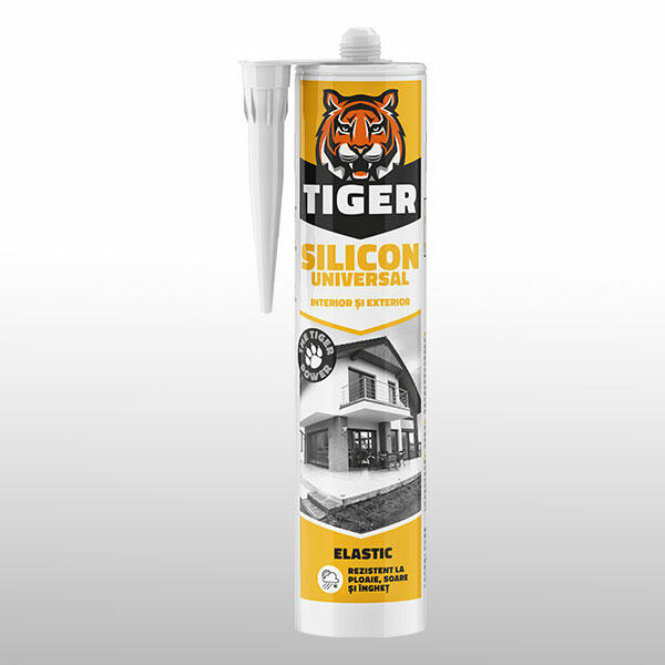 Cartușul TIGER Silicon Universal pentru interior și exterior, etanșare elastică rezistentă la ploaie, soare și îngheț, ideală pentru rosturi curate.