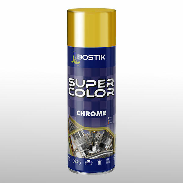 Sprayul Bostik Super Color Chrome cu efect auriu, creat pentru suprafețe metalice și decorative, asigurând un finisaj strălucitor și durabil.