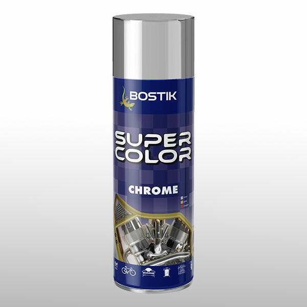 Sprayul Bostik Super Color Chrome cu efect argintiu, potrivit pentru obiecte metalice și proiecte DIY, oferind un aspect cromat realist și rezistent.