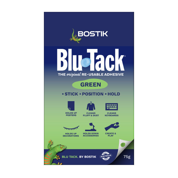 Bostik Blu Tack Green 75g pack, reusable adhesive for sticking, positioning, and holding items.
