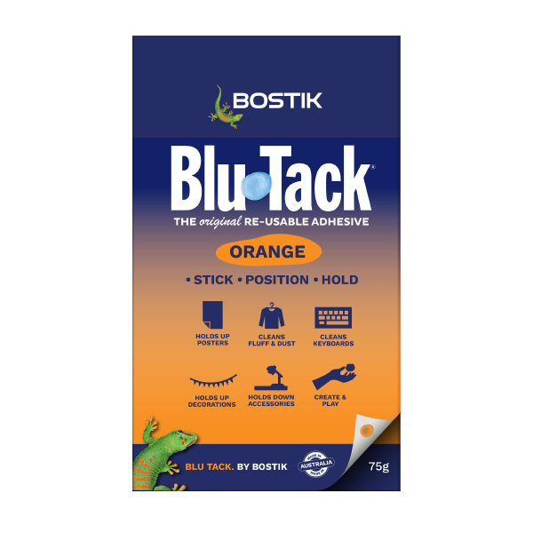 Bostik Blu Tack Orange 75g pack, reusable adhesive for sticking, positioning, and holding items.