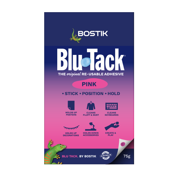 Bostik Blu Tack Pink 75g pack, reusable adhesive for sticking, positioning, and holding items.
