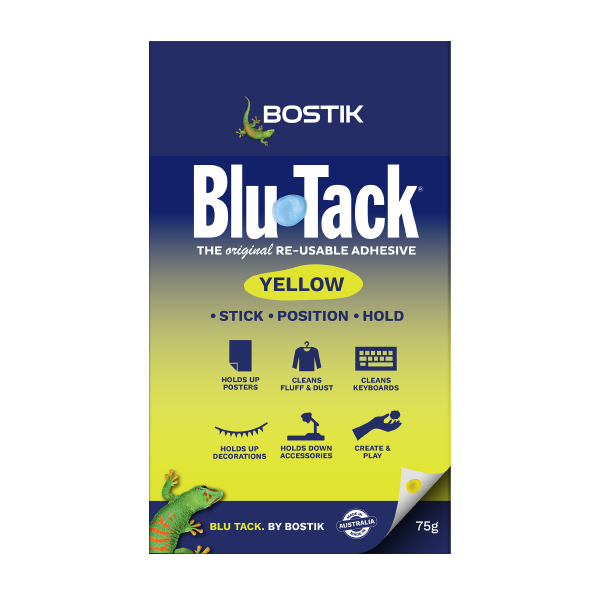 Bostik Blu Tack Yellow 75g pack, reusable adhesive for sticking, positioning, and holding items.