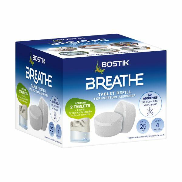 Bostik Breathe Refill Pack with two tablets for use in the Breathe moisture absorber.