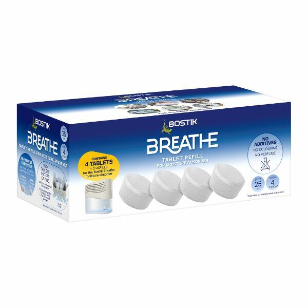 Bostik Breathe Refill Pack with four tablets for larger room coverage and longer use.